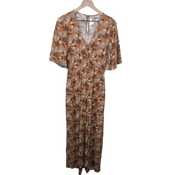 Band Of Gypsies Womens Brown Floral V Neck Short Futter Sleeve Jumpsuit Small - Picture 1 of 8